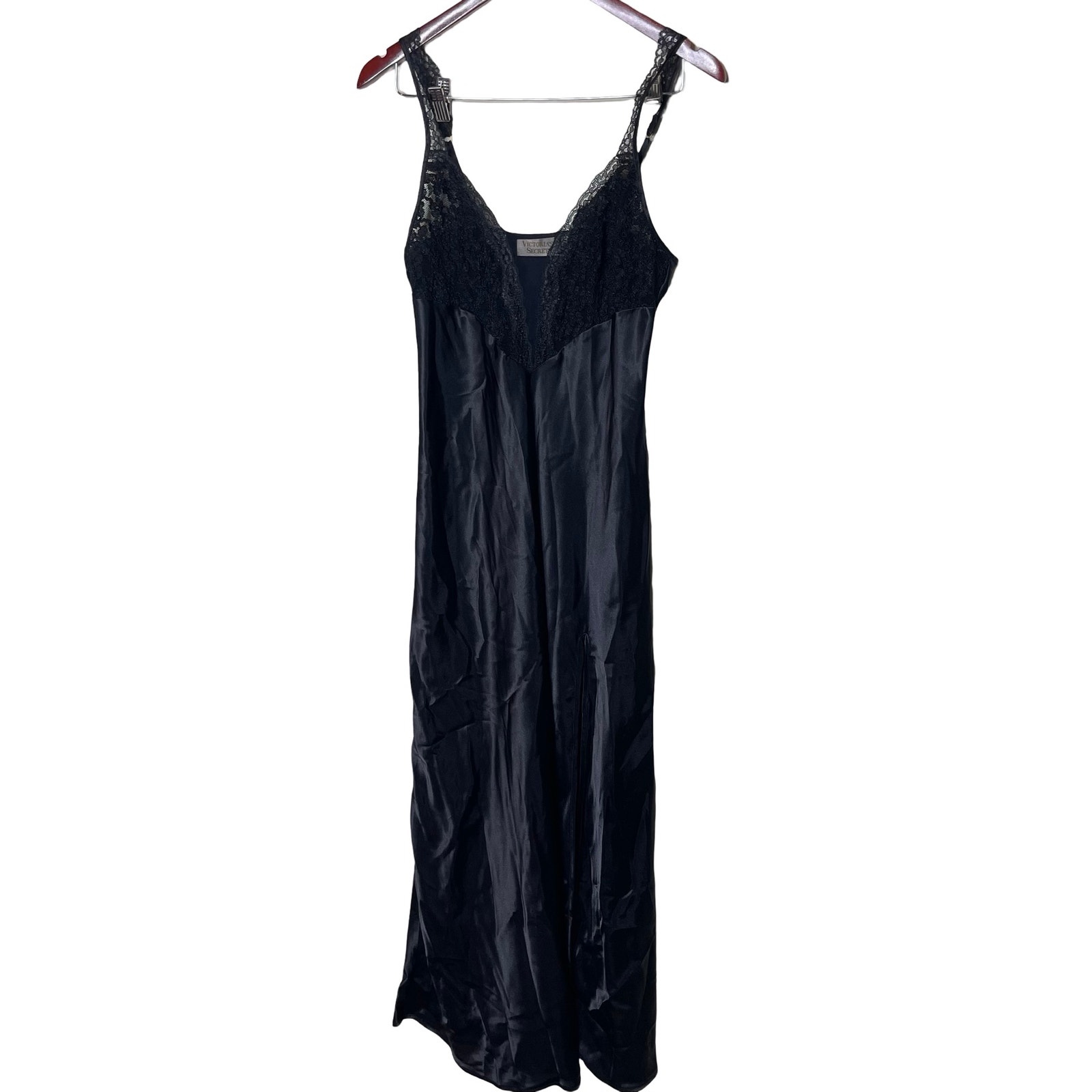Vtg Victoria’s Secret Gold Label Black Night Gown Slip Lace Dress M Long Silky